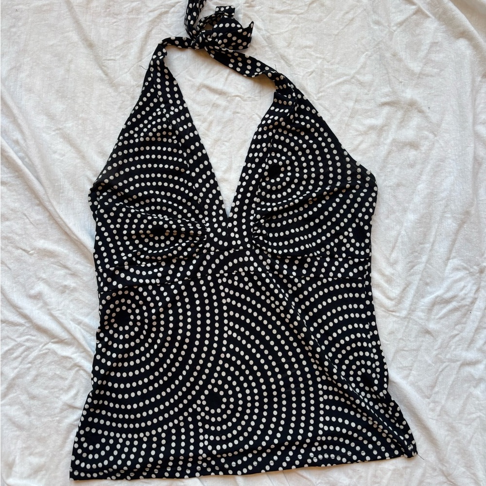 Janette Black and White polka dot swirl halter Top with Circular Pattern